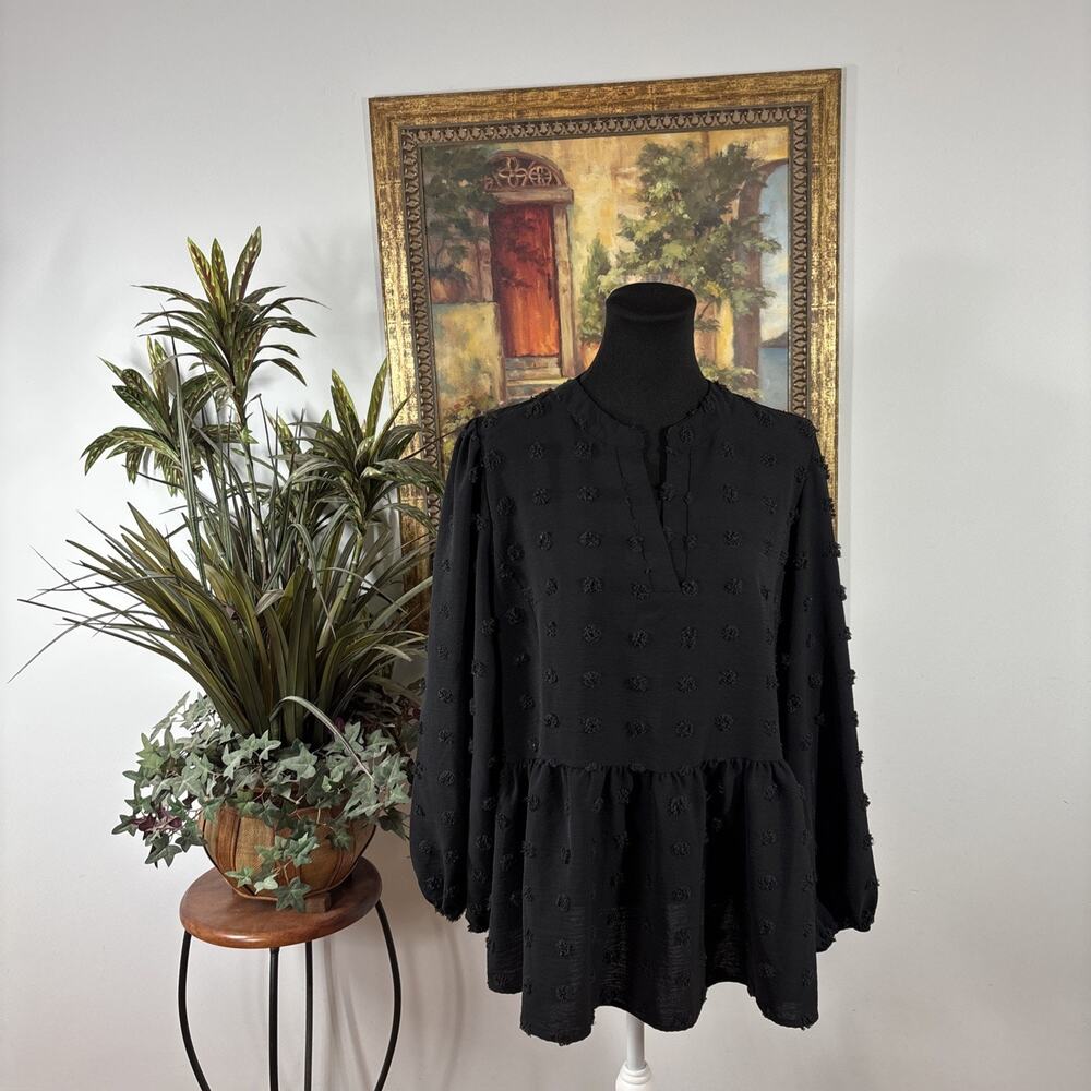 Lashion Day Women’s XL Black Swiss Dot Peplum Tunic Blouse Long Sleeve‎ Textured